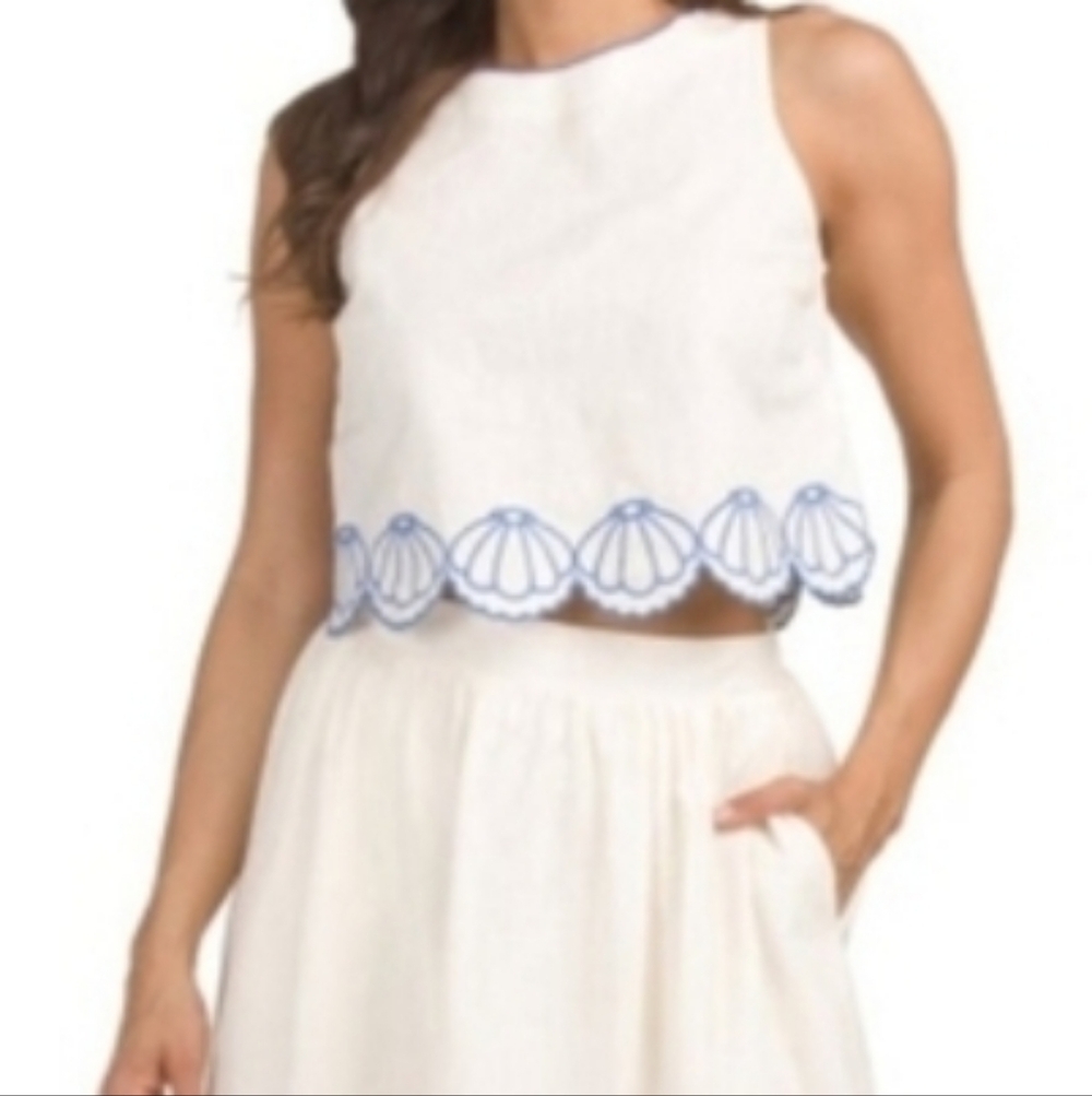 🤍▪️CALYPSO ST. BARTH▪️ White 2pc Linen Blend Embroidered Seashell Top Skirt Set - Picture 4 of 4